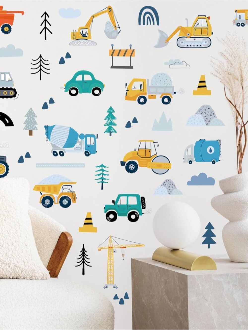 Construction Wall Stickers - 6 Sheets 90 Pcs Construction Themed Trucks Excavato